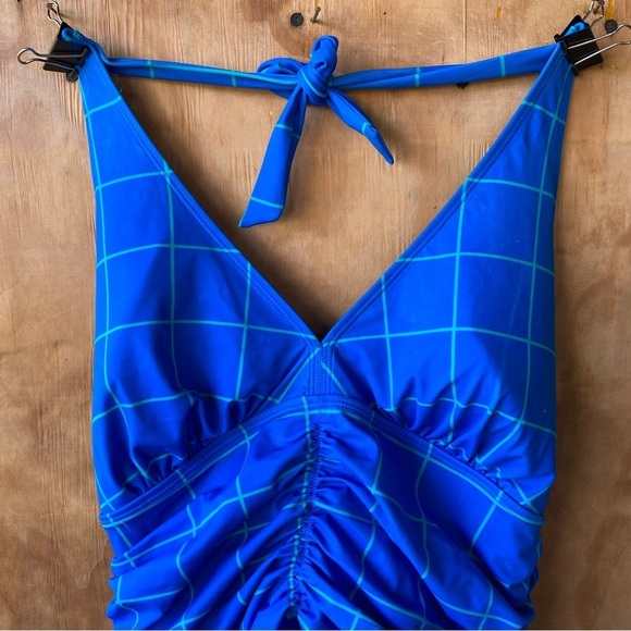 Spanx Halter Blue Plaid Ruched Tankini Swim Top 2627 Retro - Picture 6 of 10